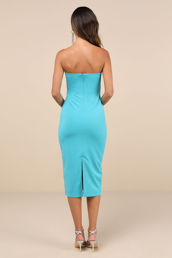 Lulus Desirable Presence Teal Twist-front Cutout Strapless Midi Dress In Teal