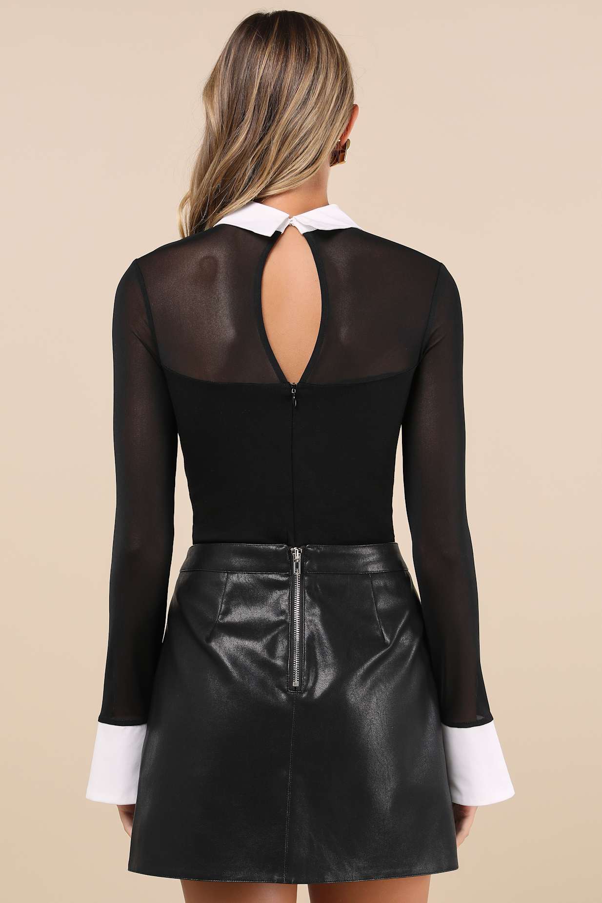 Confident Essence Black and White Mesh Long Sleeve Bodysuit