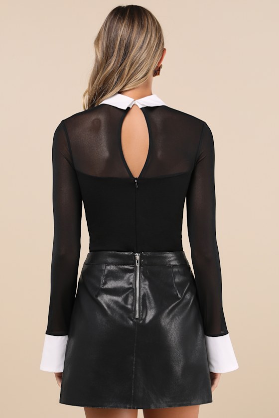 Confident Essence Black and White Mesh Long Sleeve Bodysuit 3