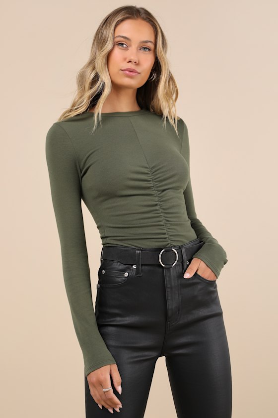 Image of Casual Energy Olive Green Ruched Long Sleeve Crew Neck Top