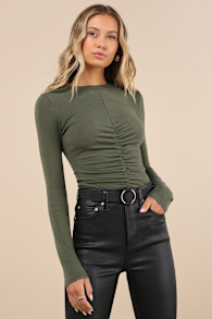 Casual Energy Olive Green Ruched Long Sleeve Crew Neck Top 2