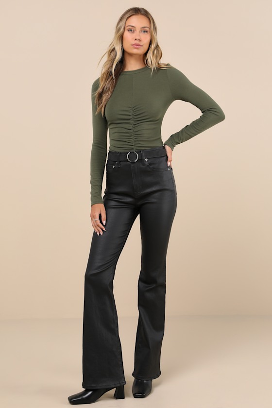 Casual Energy Olive Green Ruched Long Sleeve Crew Neck Top 4