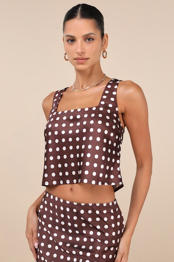 Classically Charismatic Brown Polka Dot Satin Cropped Tank Top 4