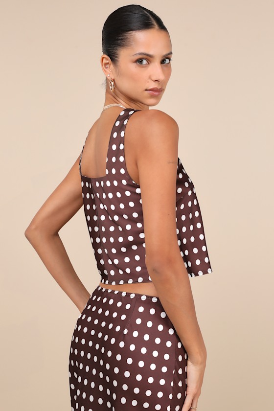LULUS CLASSICALLY CHARISMATIC BROWN POLKA DOT SATIN CROPPED TANK TOP