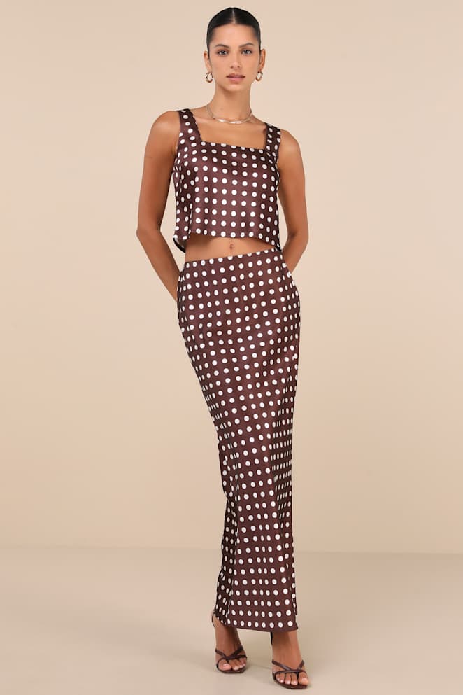 Classically Charismatic Brown Polka Dot Satin Cropped Tank Top
