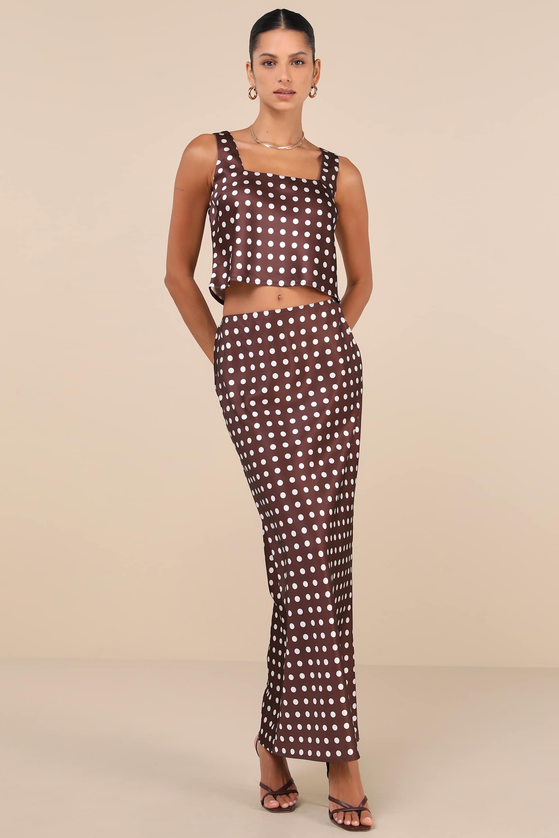 Classically Charismatic Brown Polka Dot Satin Cropped Tank Top