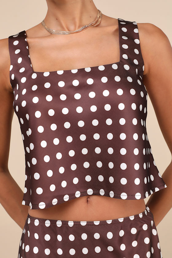 LULUS CLASSICALLY CHARISMATIC BROWN POLKA DOT SATIN CROPPED TANK TOP