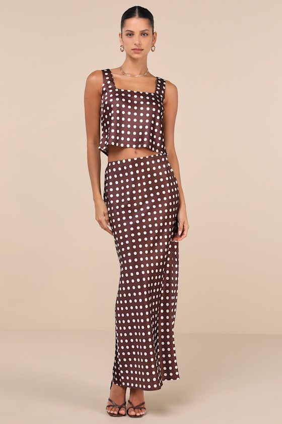 Classically Charismatic Brown Polka Dot Satin Maxi Skirt 4