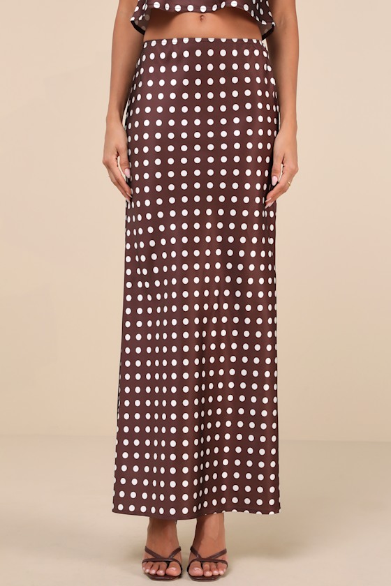LULUS CLASSICALLY CHARISMATIC BROWN POLKA DOT SATIN MAXI SKIRT