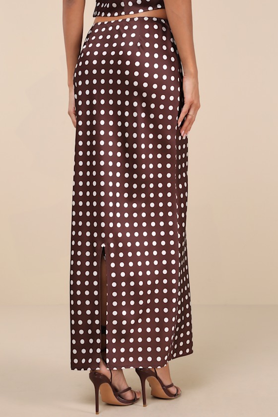 LULUS CLASSICALLY CHARISMATIC BROWN POLKA DOT SATIN MAXI SKIRT