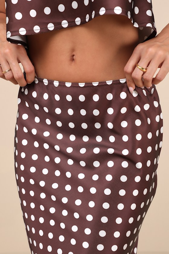 LULUS CLASSICALLY CHARISMATIC BROWN POLKA DOT SATIN MAXI SKIRT