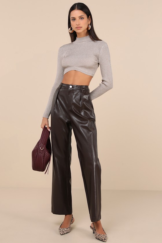 Taupe Ribbed Lurex Top - Mock Neck Top - Long Sleeve Crop