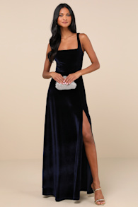 Graceful Invite Navy Blue Velvet Square Neck Lace-Up Maxi Dress 2