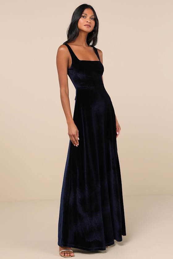 Lulus Graceful Invite Navy Blue Velvet Square Neck Lace-up Maxi Dress In Navy Blue