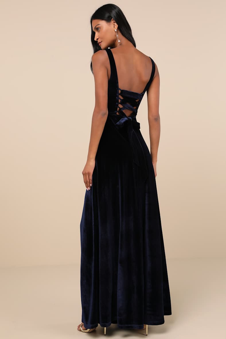 Graceful Invite Navy Blue Velvet Square Neck Lace-Up Maxi Dress