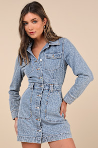 Notoriously Cool Light Wash Long Sleeve Denim Mini Dress