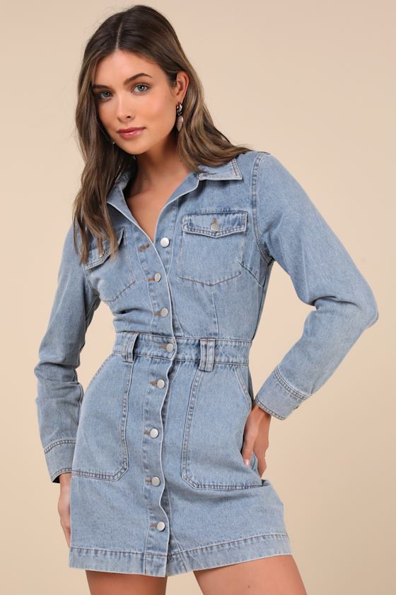 Notoriously Cool Light Wash Long Sleeve Denim Mini Dress 2