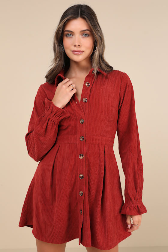 Lulus Autumn Mood Rust Red Corduroy Mini Dress With Pockets In Rust Red