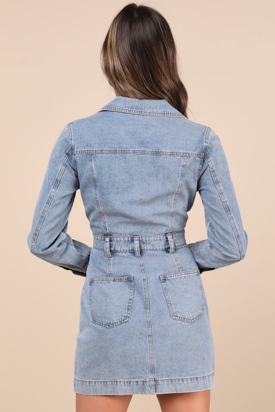 Lulus Notoriously Cool Light Wash Long Sleeve Denim Mini Dress In Blue