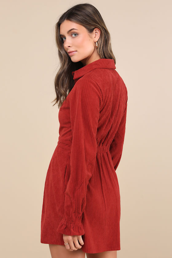 Autumn Mood Rust Red Corduroy Mini Dress With Pockets 5