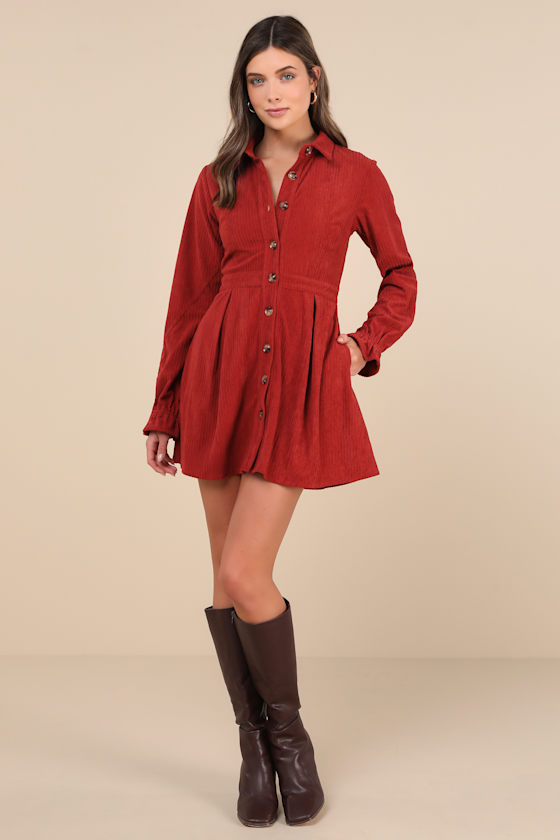 Lulus Autumn Mood Rust Red Corduroy Mini Dress With Pockets In Rust Red
