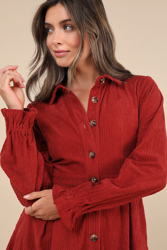 Lulus Autumn Mood Rust Red Corduroy Mini Dress With Pockets In Rust Red