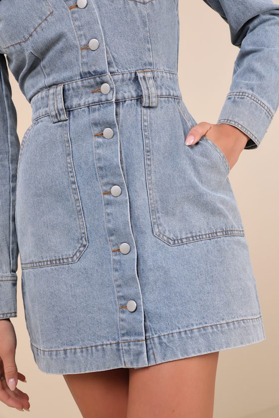 Lulus Notoriously Cool Light Wash Long Sleeve Denim Mini Dress In Blue