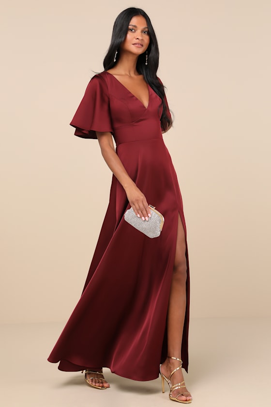 Elegant Confidence Red Satin Flutter Sleeve Cutout Maxi Dress 3