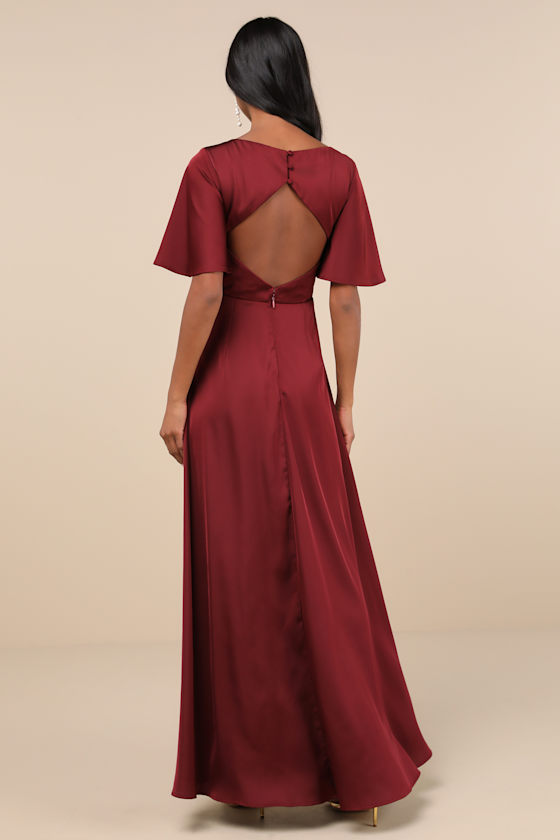 Elegant Confidence Red Satin Flutter Sleeve Cutout Maxi Dress 4