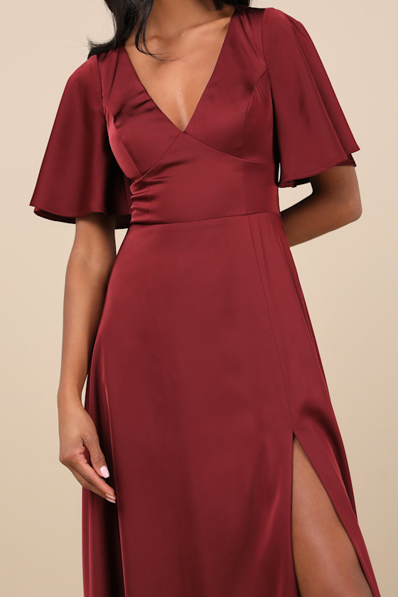 Lulus Elegant Confidence Red Satin Flutter Sleeve Cutout Maxi Dress In Red