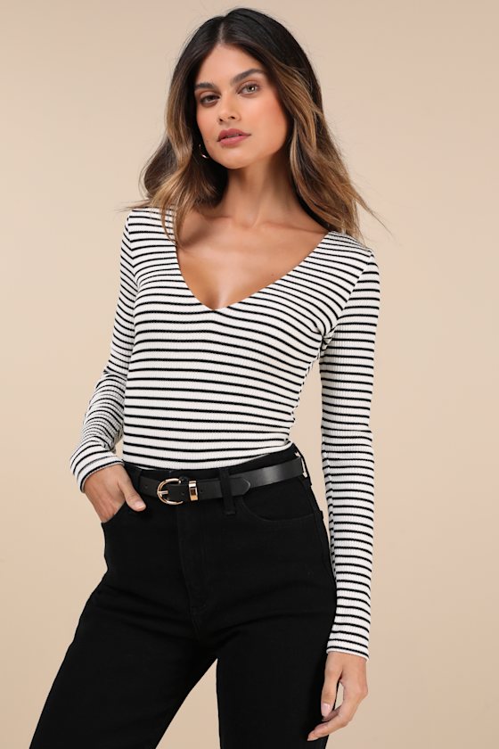 Easygoing Chic Ivory and Black Striped Long Sleeve Bodysuit 2