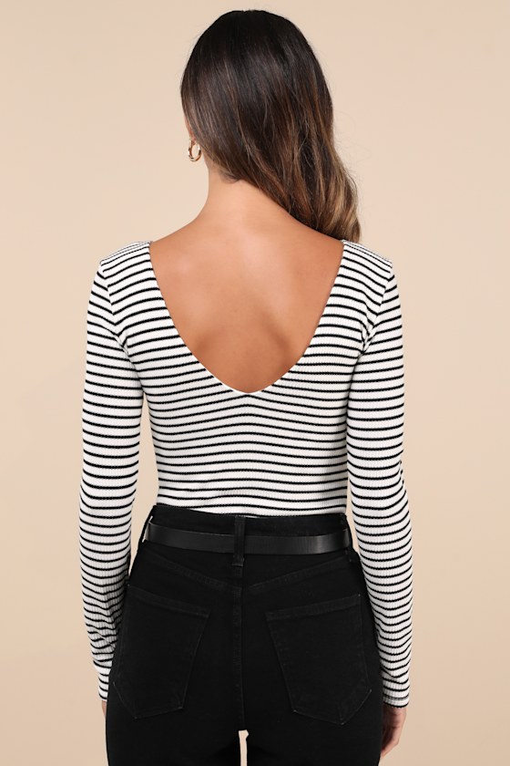 Shop Lulus Easygoing Chic Ivory And Black Striped Long Sleeve Bodysuit