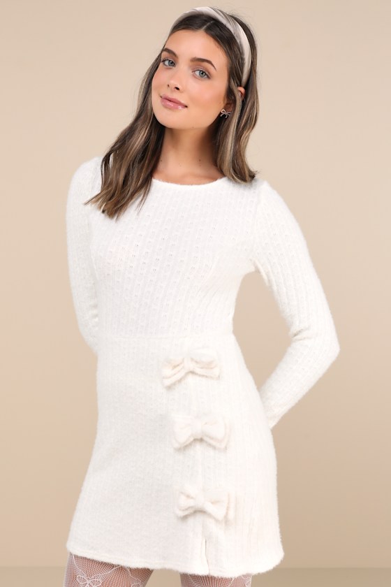 Lulus Darling Coziness Ivory Fuzzy Ribbed Knit Bow Sweater Mini Dress In Ivory