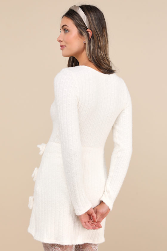 Lulus Darling Coziness Ivory Fuzzy Ribbed Knit Bow Sweater Mini Dress In Ivory