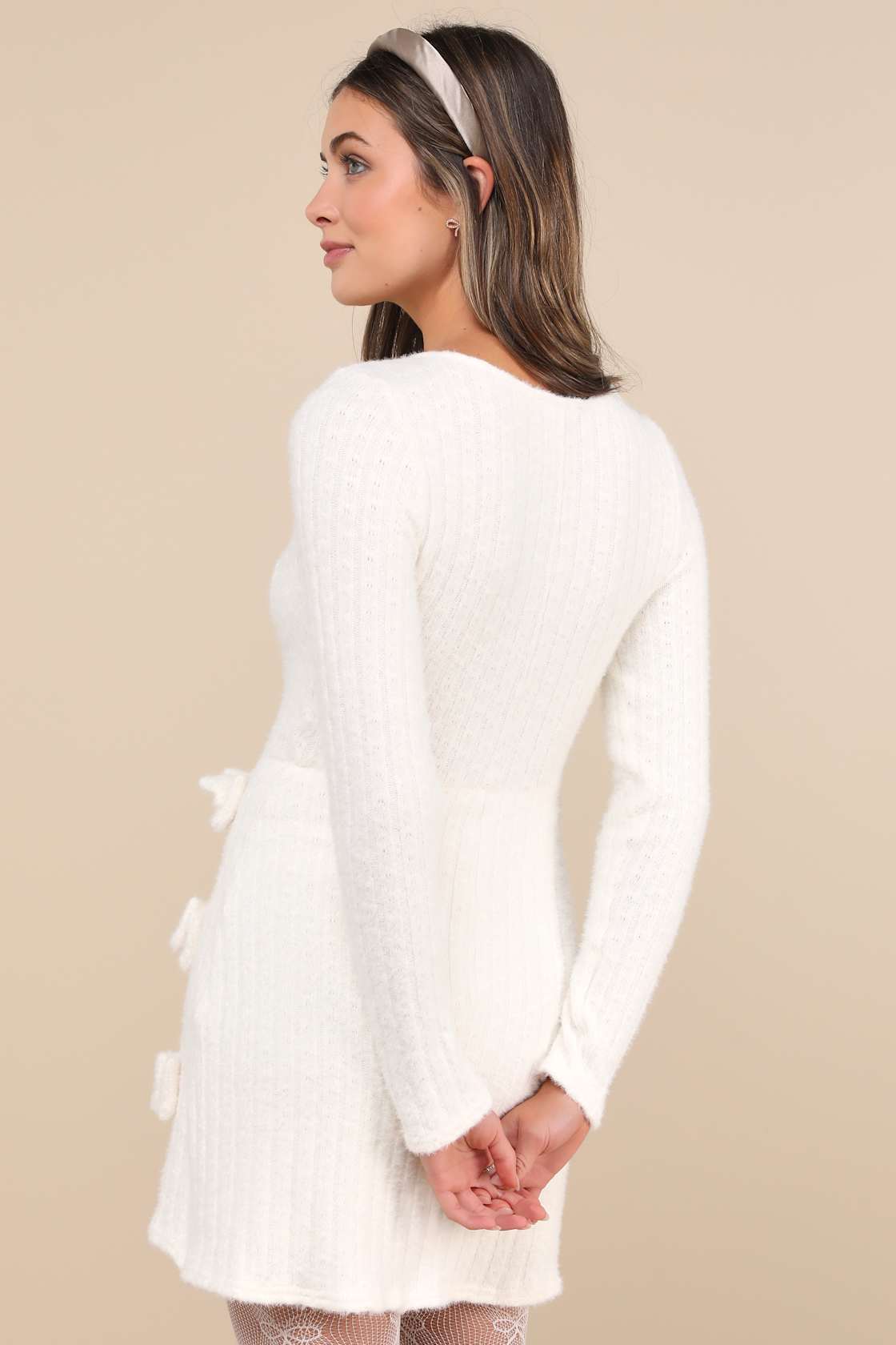 Darling Coziness Ivory Fuzzy Ribbed Knit Bow Sweater Mini Dress