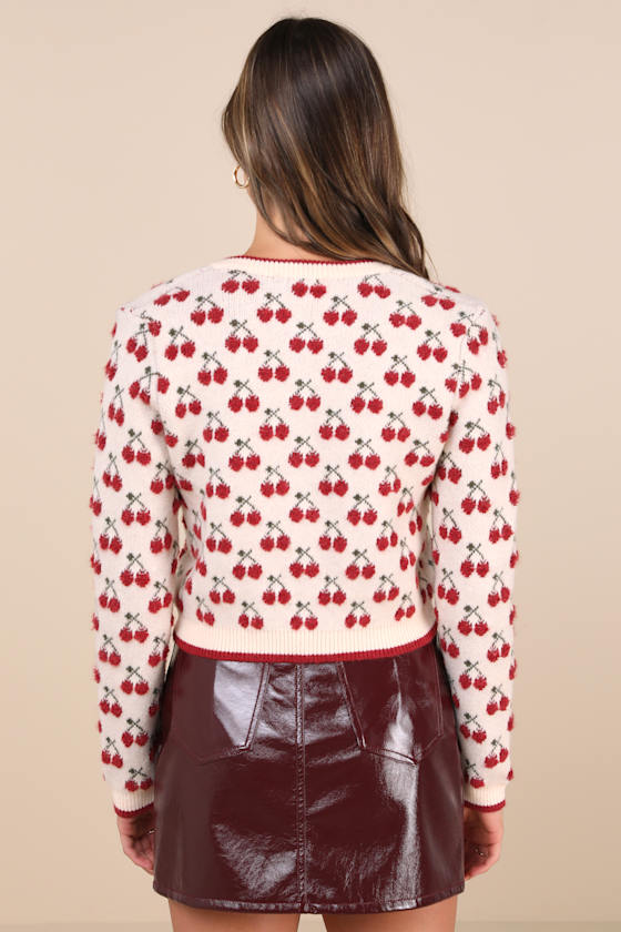 Warmly Adorable Cream and Red Cherry Cardigan Sweater 3