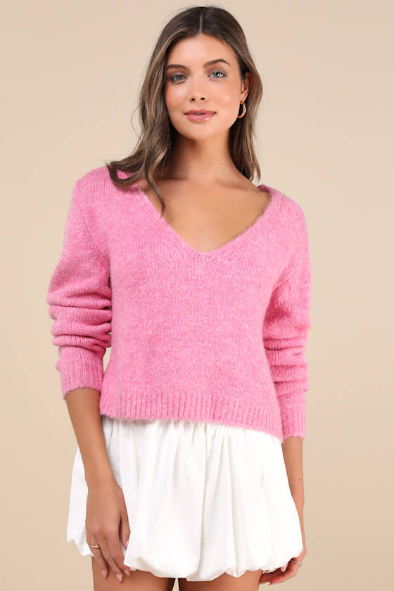 Coquette Cozy Heather Pink Long Sleeve Bow Pullover Sweater 3