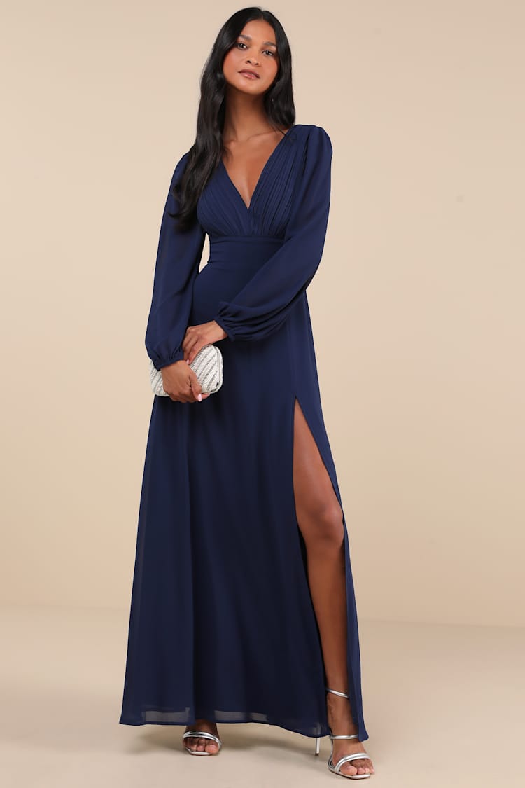 chinese dress ladies Elegant Dark Navy Long Prom Dress Long Sleeve A-line Lace Elegant Evening  Gowns SLD005