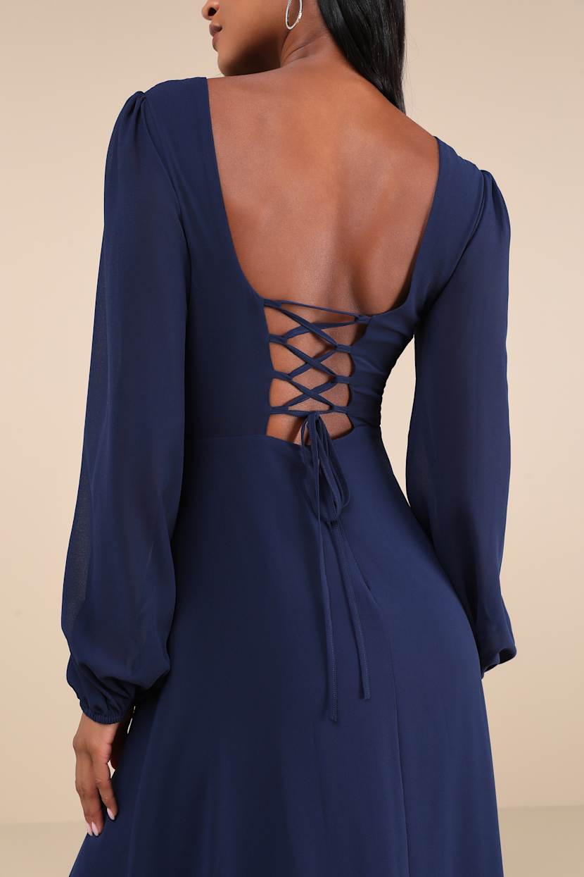 Navy Blue Maxi Dress - Long Sleeve Maxi Dress - Lace-Up Dress - Lulus