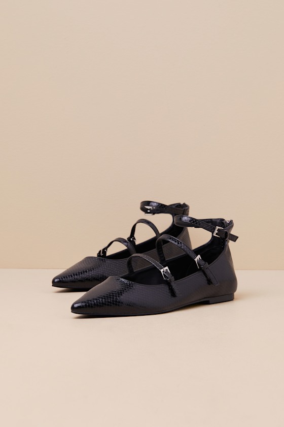 Lulus Paysen Black Snake-embossed Ankle Strap Ballet Flats In Black