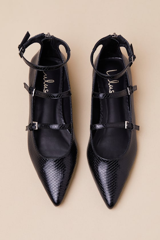 Lulus Paysen Black Snake-embossed Ankle Strap Ballet Flats In Black