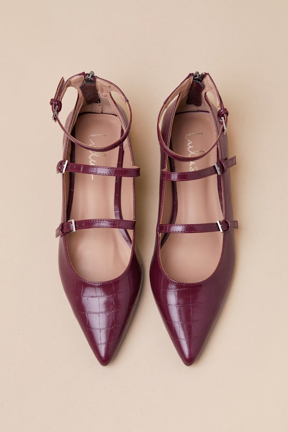 Lulus Paysen Burgundy Crocodile-embossed Ankle Strap Ballet Flats In Burgundy