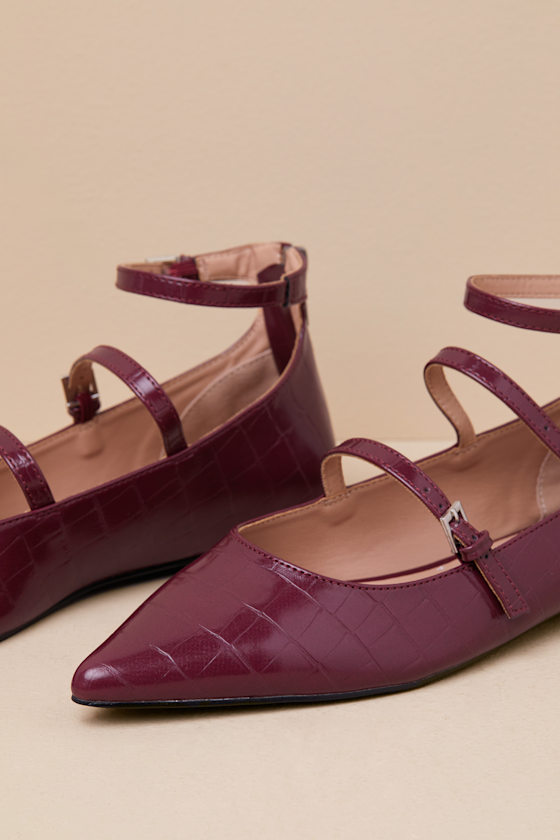 Lulus Paysen Burgundy Crocodile-embossed Ankle Strap Ballet Flats In Burgundy
