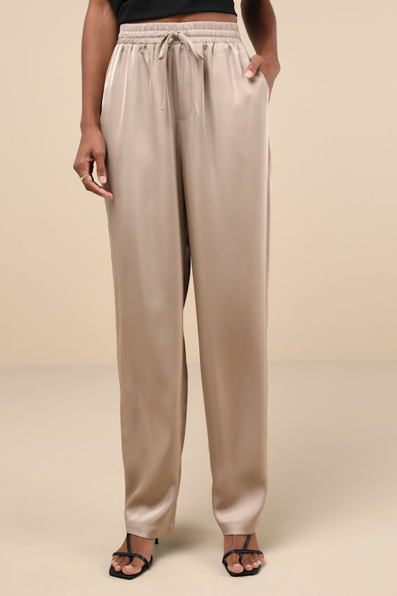 LULUS EXCEPTIONAL EDGE TAUPE SATIN HIGH-RISE DRAWSTRING PANTS