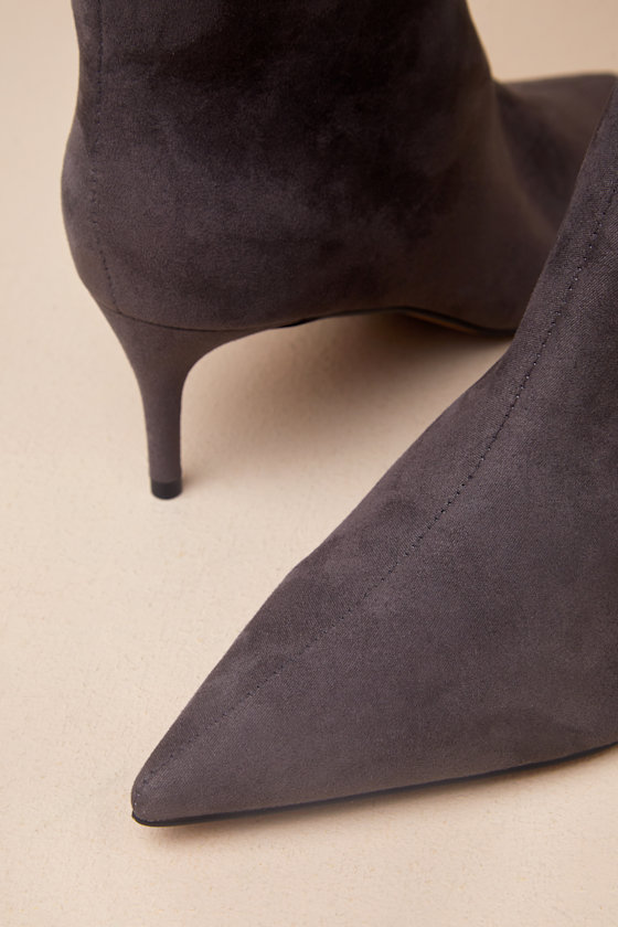 Lulus Tierny Charcoal Suede Pointed-toe Over-the-knee Boots In Grey