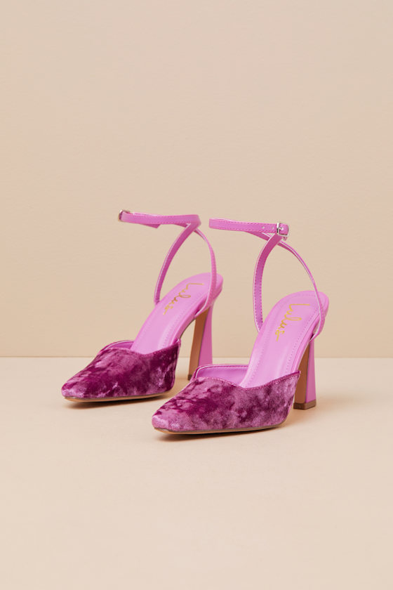 Jannice Mauve Crushed Velvet Ankle Wrap Heels 1