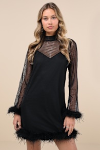 Immaculate Charisma Black Mesh Feather Long Sleeve Mini Dress 1