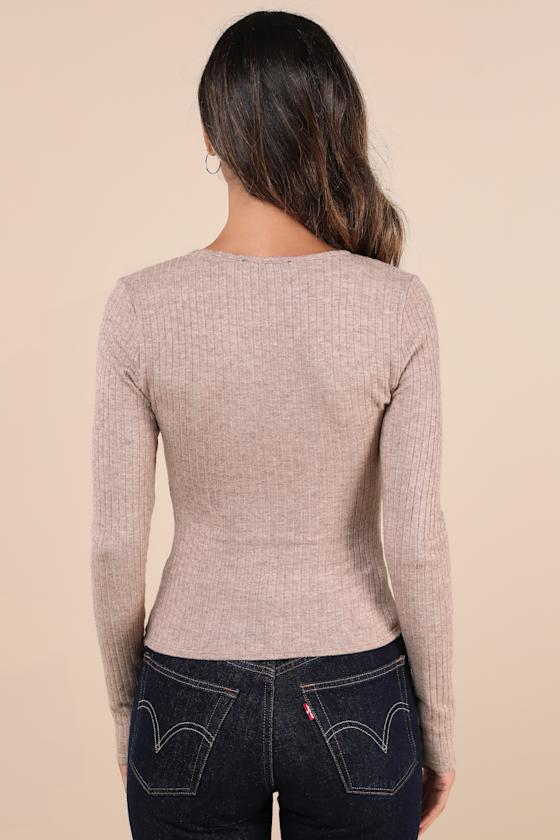 Wintery Aesthetic Heather Taupe Ribbed Long Sleeve Henley Top 2