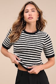 Classy Comfort Black and White Striped Eyelash Knit Sweater Top