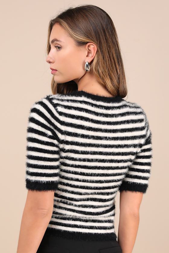Lulus Classy Comfort Black And White Striped Eyelash Knit Sweater Top In Black And White